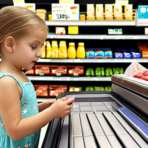 A child at a supermarket checkout, engaging with the cashier, surrounded by groceries.