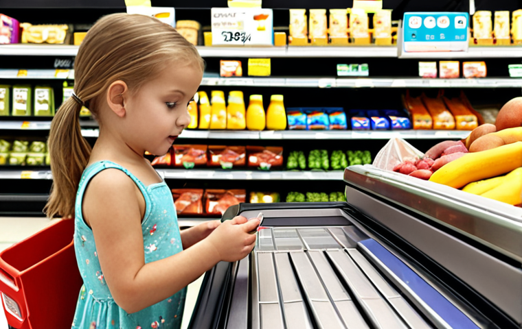 A child at a supermarket checkout, engaging with the cashier, surrounded by groceries.