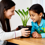 A young child (around 8 years old) and a parent, both fully clothed in modest, comfortable attire, are actively engaged in a hands-on science experiment on a wooden table in a bright, modern home learning space. The child is excitedly observing a plant sprouting in a pot, while the parent gently guides them, emphasizing curiosity and child-centered learning. Perfect anatomy, natural pose, correct proportions, well-formed hands, proper finger count. Professional photography, high quality, safe for work, appropriate content, family-friendly, fully clothed.