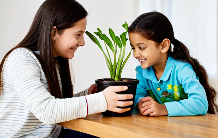 A young child (around 8 years old) and a parent, both fully clothed in modest, comfortable attire, are actively engaged in a hands-on science experiment on a wooden table in a bright, modern home learning space. The child is excitedly observing a plant sprouting in a pot, while the parent gently guides them, emphasizing curiosity and child-centered learning. Perfect anatomy, natural pose, correct proportions, well-formed hands, proper finger count. Professional photography, high quality, safe for work, appropriate content, family-friendly, fully clothed.